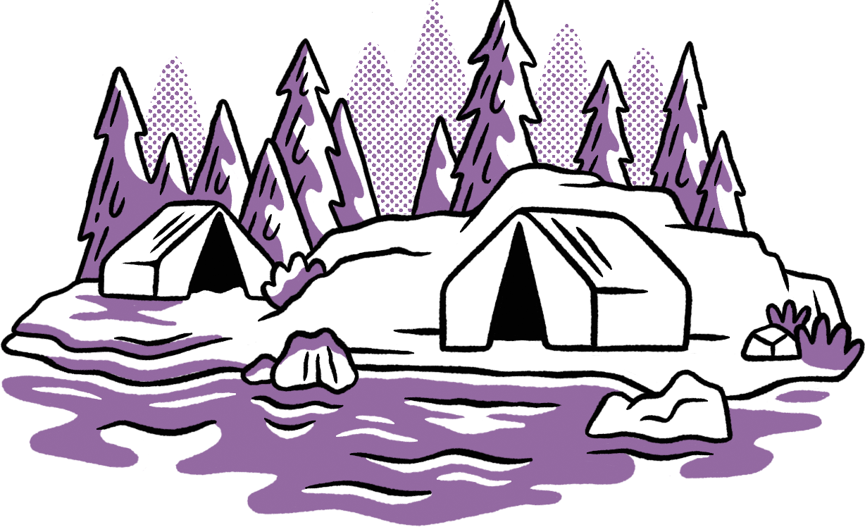 Illustration of two tents by a river with trees in the background