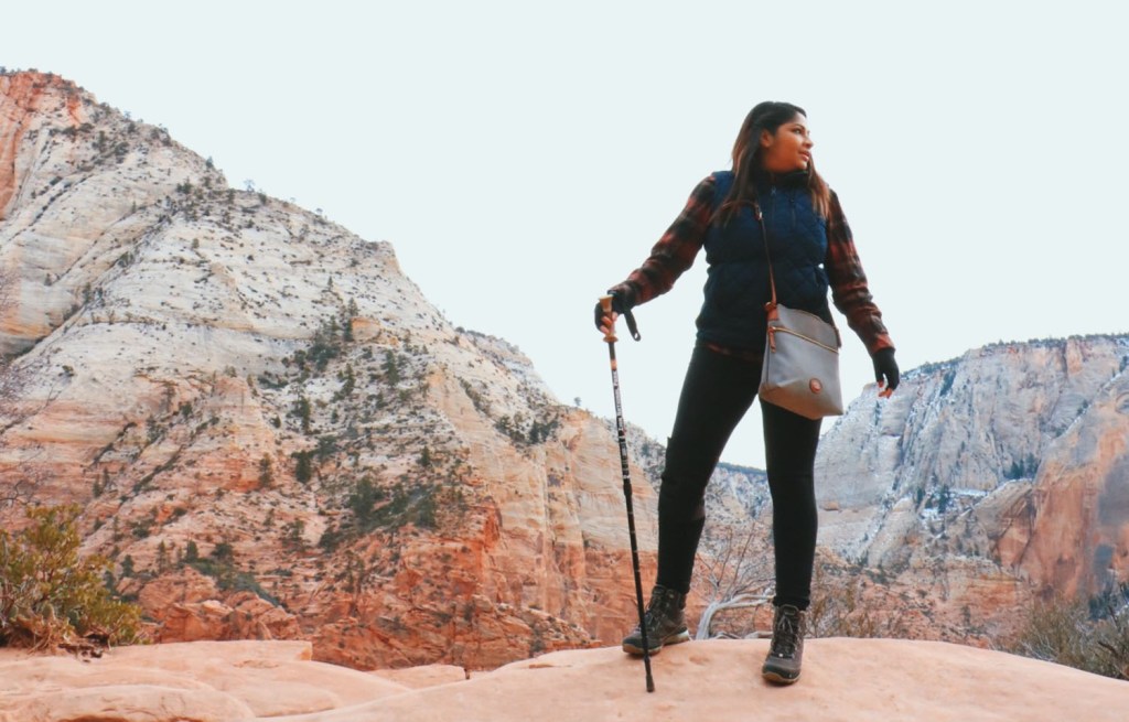 Hiker in front of mountain