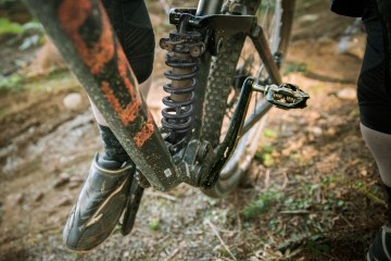 detail of a clipless pedal on a mountain bike