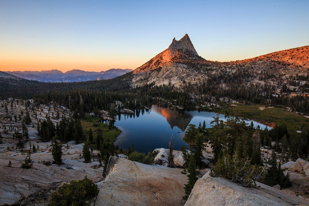 The sunset illuminates Cathedral Peak in the Yosemite backcountry.