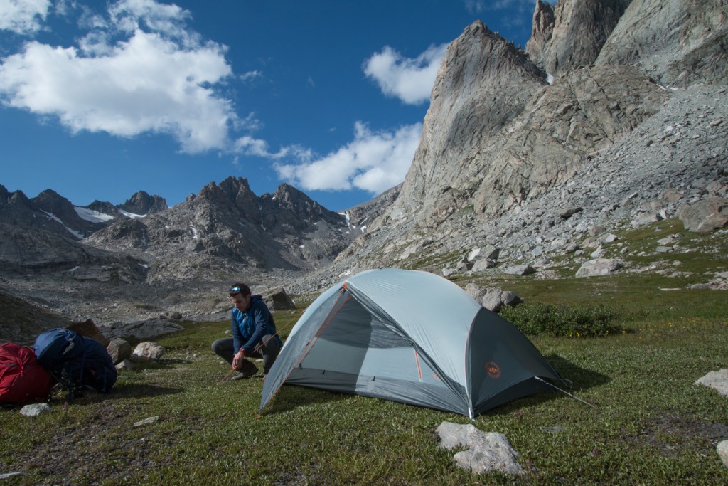 Brendan Leonard setsup the tent at Titcomb Basin.