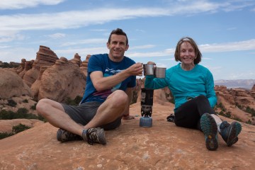 Brendan Leonard and cheers coffee at Arches National Park