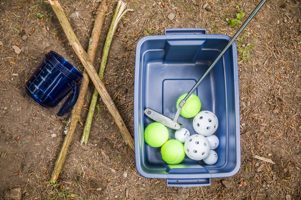 Golf putter, tennis balls and wiffle balls