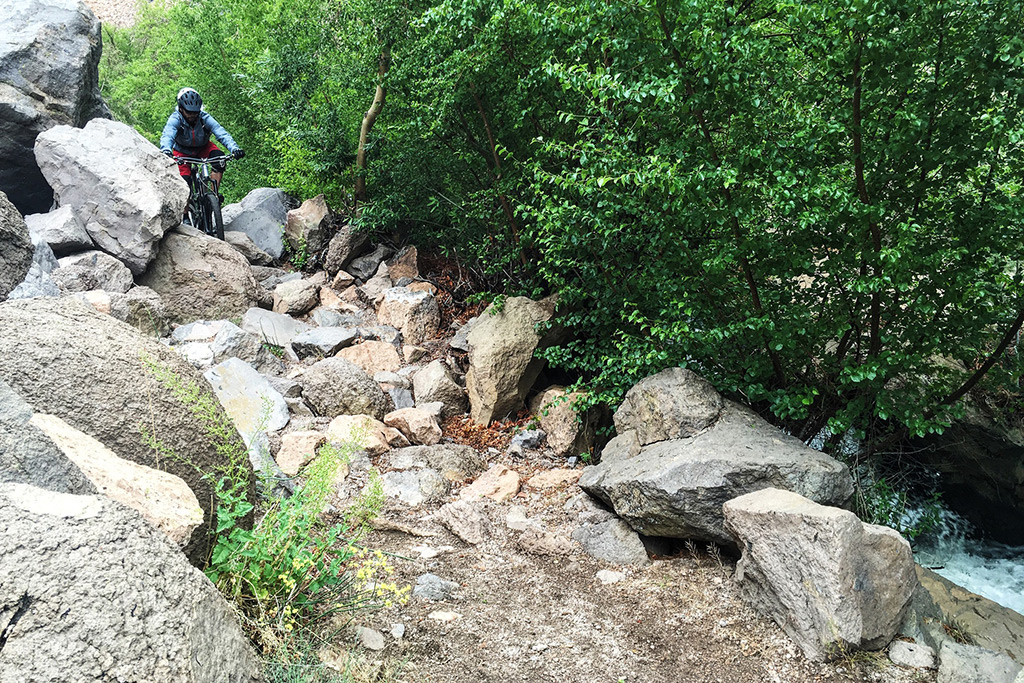 A rider navigates a technical section of trail