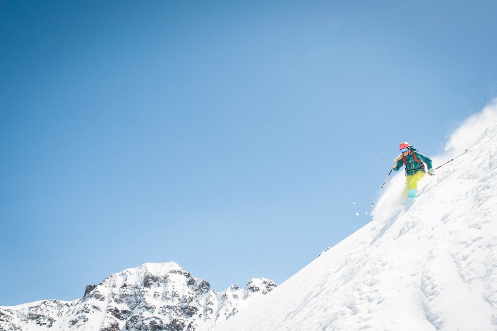 Annelise Loevlie on Rope Dee Ramp at Silverton Mountain, Co.