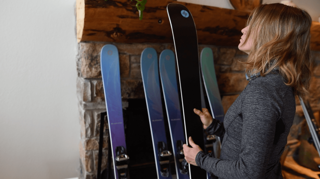 Keely Kelleher, athlete and founder of Keely’s Ski Camps for girls, checks out the graphics and bases of the new Black Pearls.