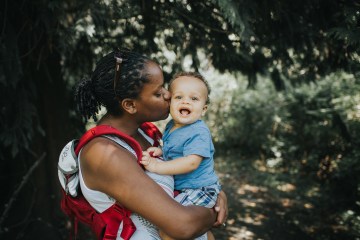 Mom and baby hiking