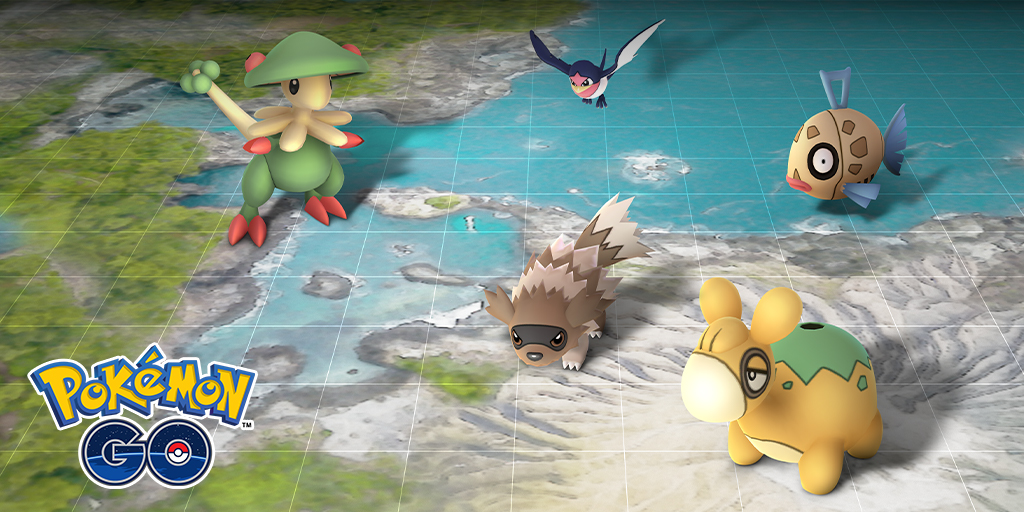 Four Pokémon rest on a map of the world.