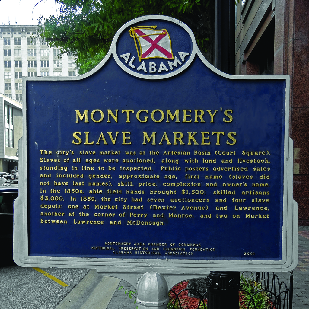 Historical sign detailing Montgomery's slave markets