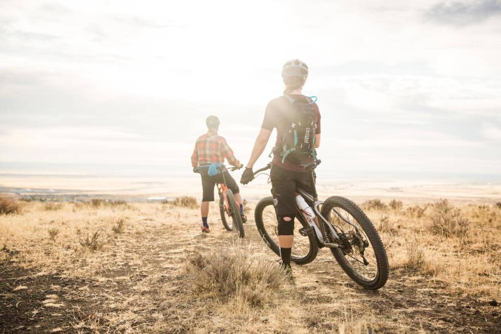 Two mountain bike riders gazing out at a sunny field.