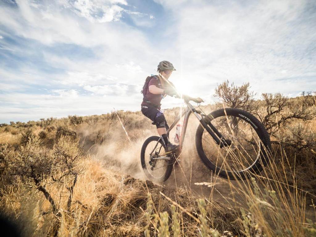 Mountain bike rider popping a wheelie.
