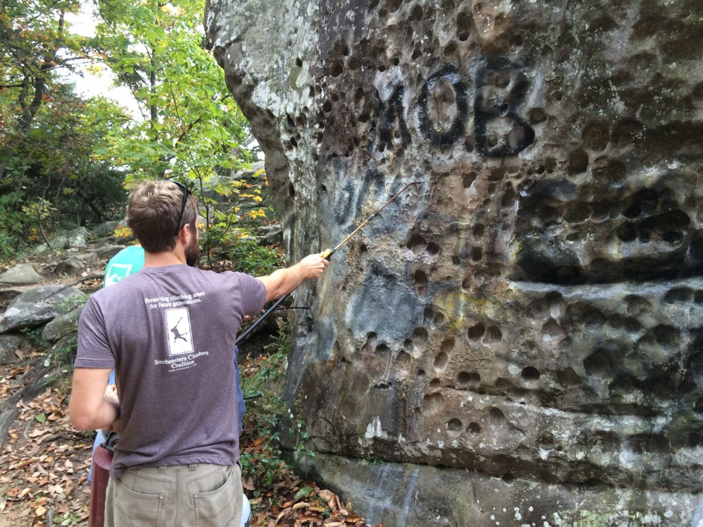 Volunteers remove graffiti from Boat Rock and Curahee Mountain in GA