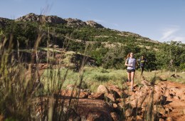 Two friends trail running