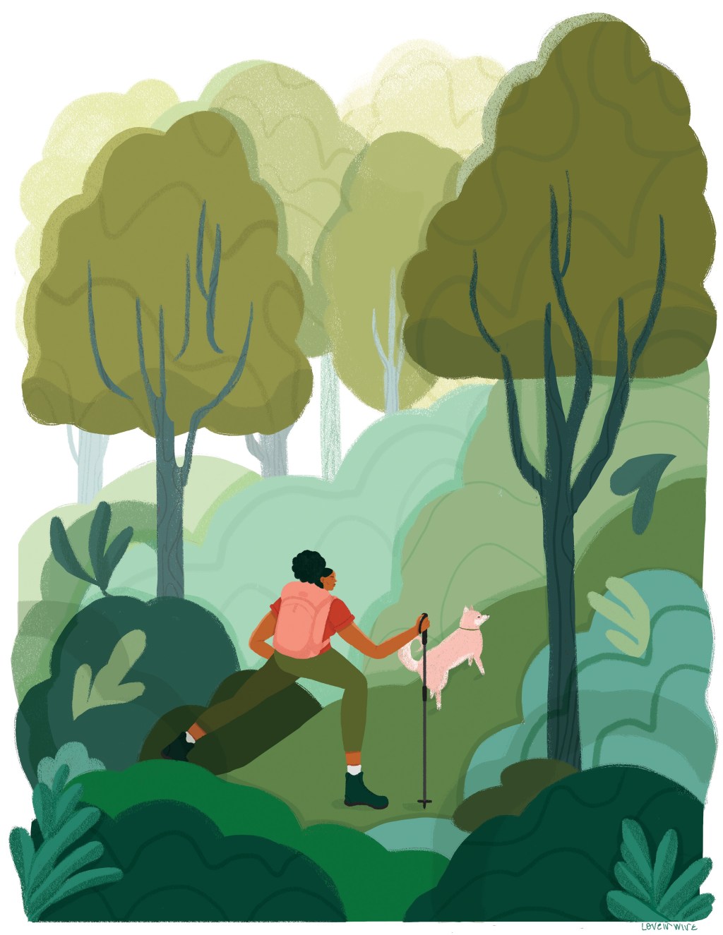 An illustration of a woman and her dog in the woods.