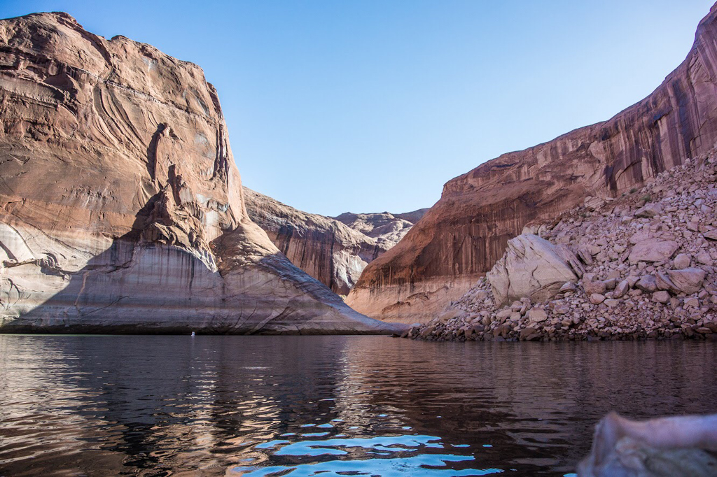 A present-day photo of one of Lake Powell's side canyons. Lake Powell was created by the development of the Glen Canyon Dam between 1956 and 1963.