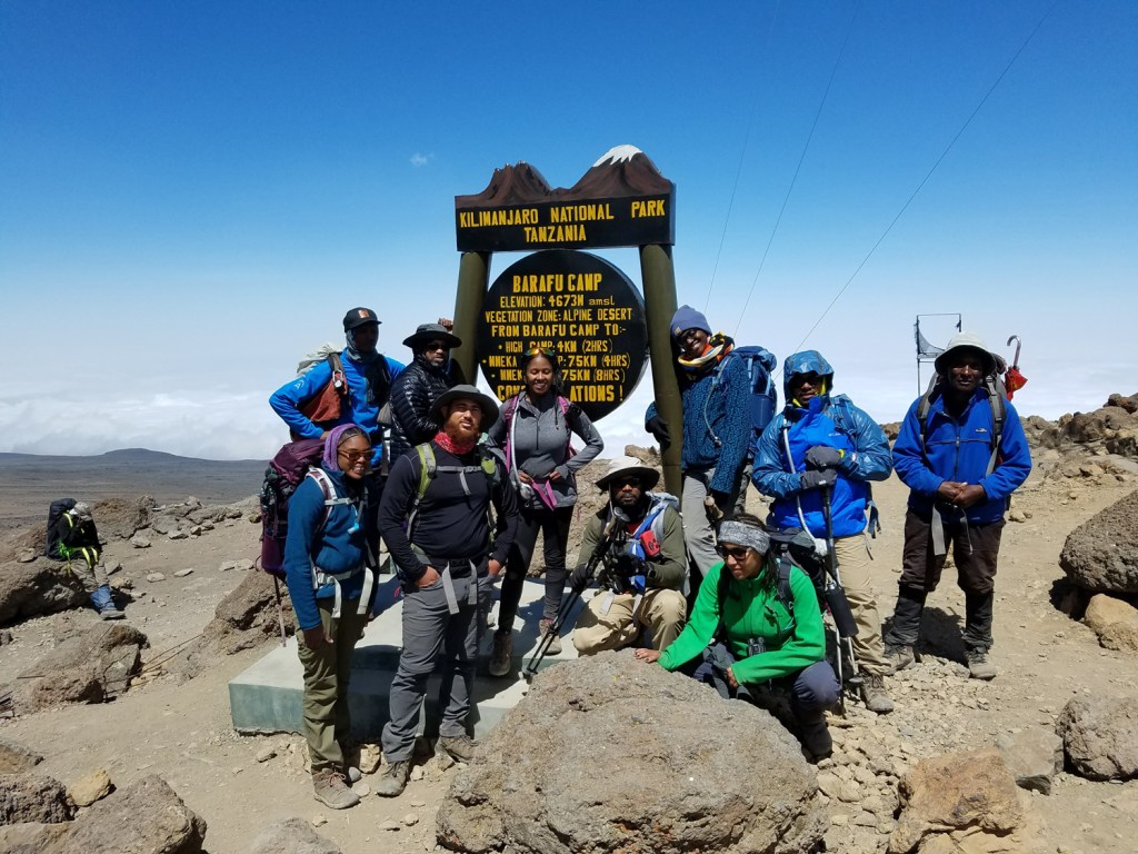 The Outdoor Afro team at Barafu Camp at 15,331 feet.