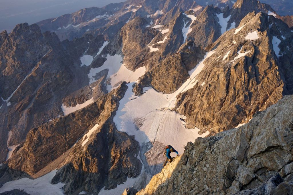 Exum guide Brian Campbell ascends Friction Ridge on the Grand Teton.