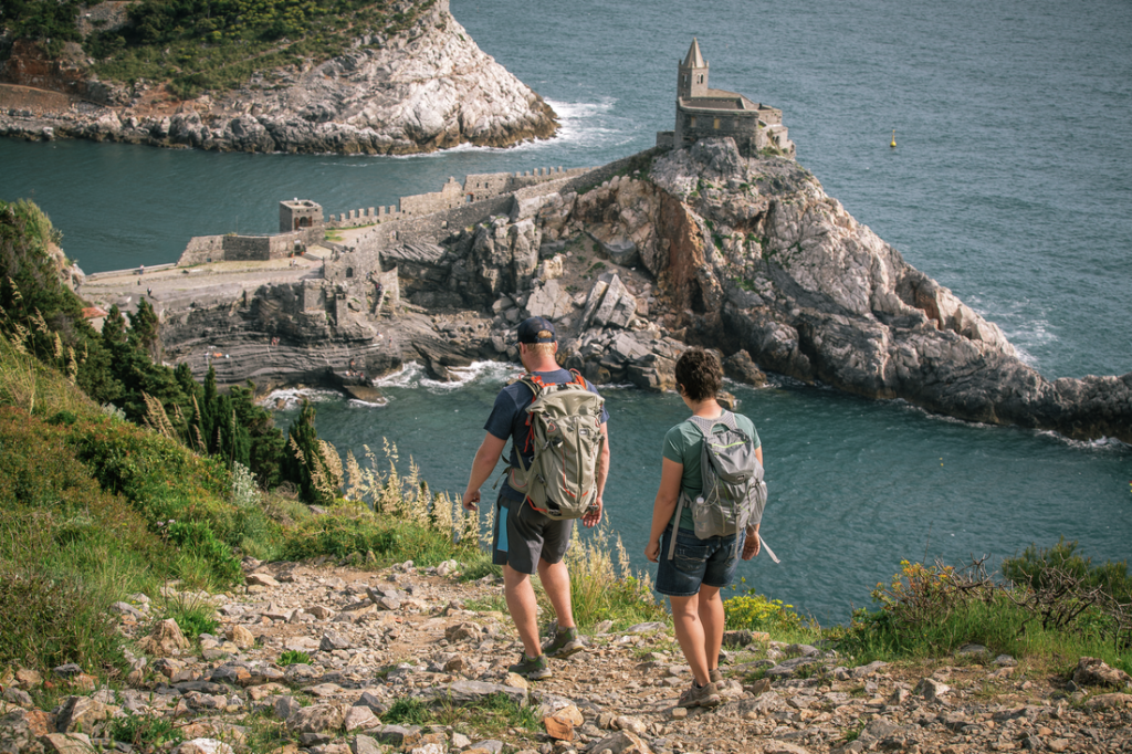 Hikers ready for the descent down one of Cinque Terre's steeper sections of trail.