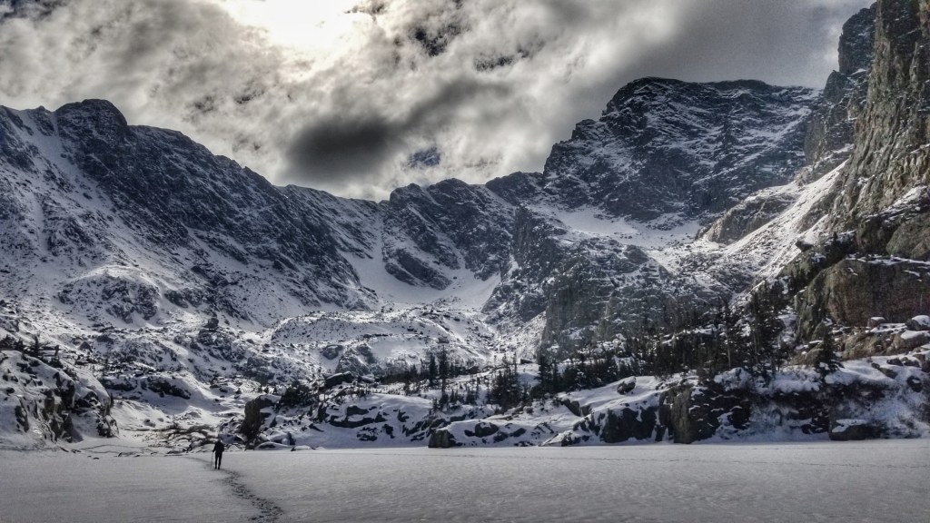 A hiker on the way to Sky Pond in the winter.