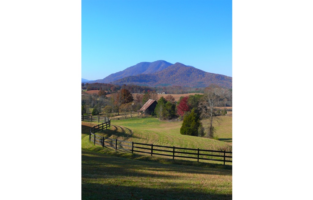 Little White Oak Mountain in the background with red and orange leaves on the trees