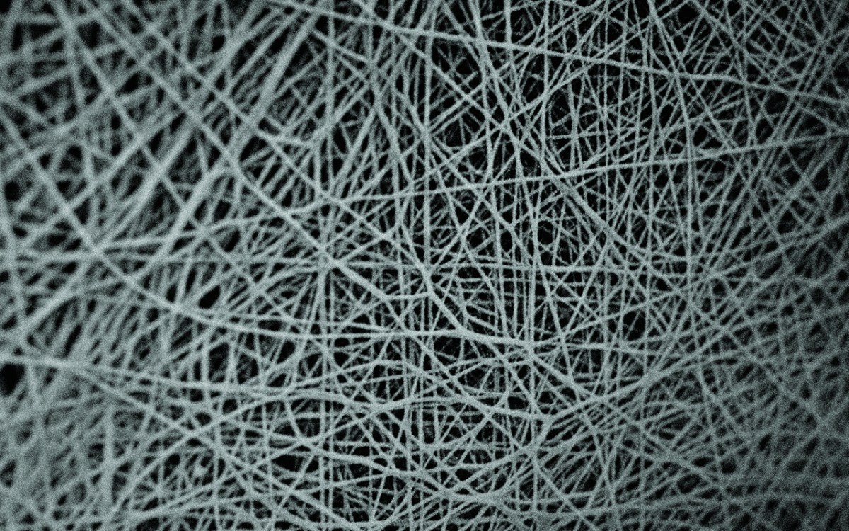 White fibers in a mesh pattern over a black background.