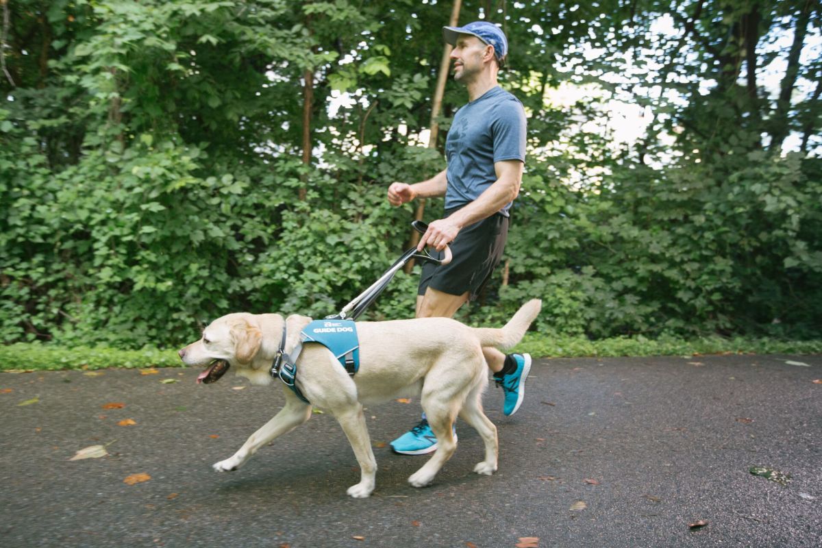 Runner and dog jog along a paved path with greenery in the background.