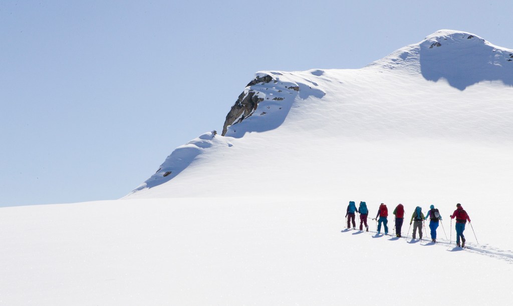 Crossing the Primrose icefield nearing the summit of Primrose Peak. Tour lead by female Association of Canadian Mountain Guides Kate Devine and Shannon Werner during the Alpine Finishing School.