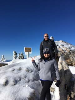 Hazel and her husband hiking in snow.