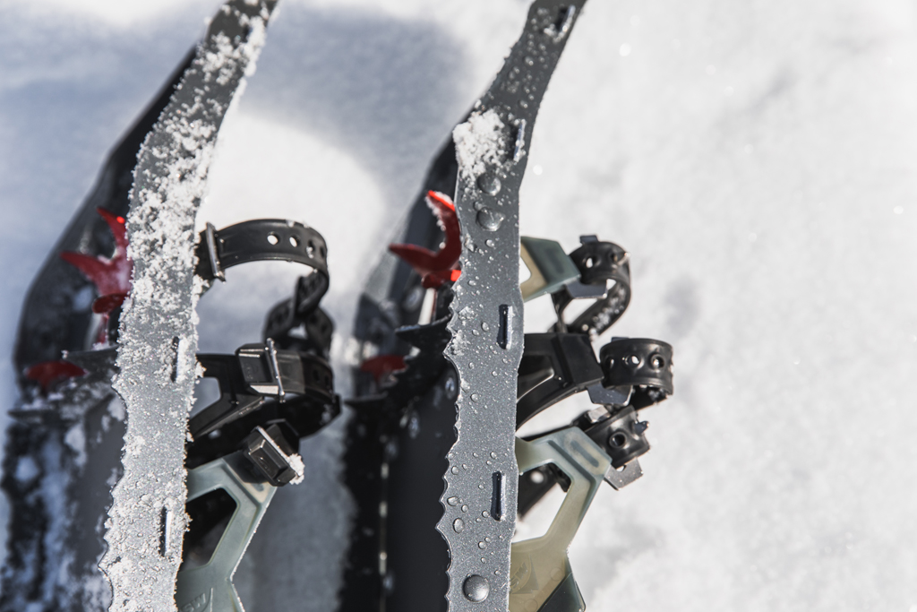 A close-up shot of the teeth of the MSR Lightning Ascent snowshoes