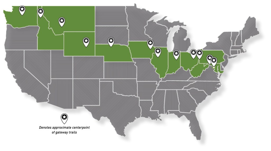 A map depicting the path of the Great American Rail-Trail