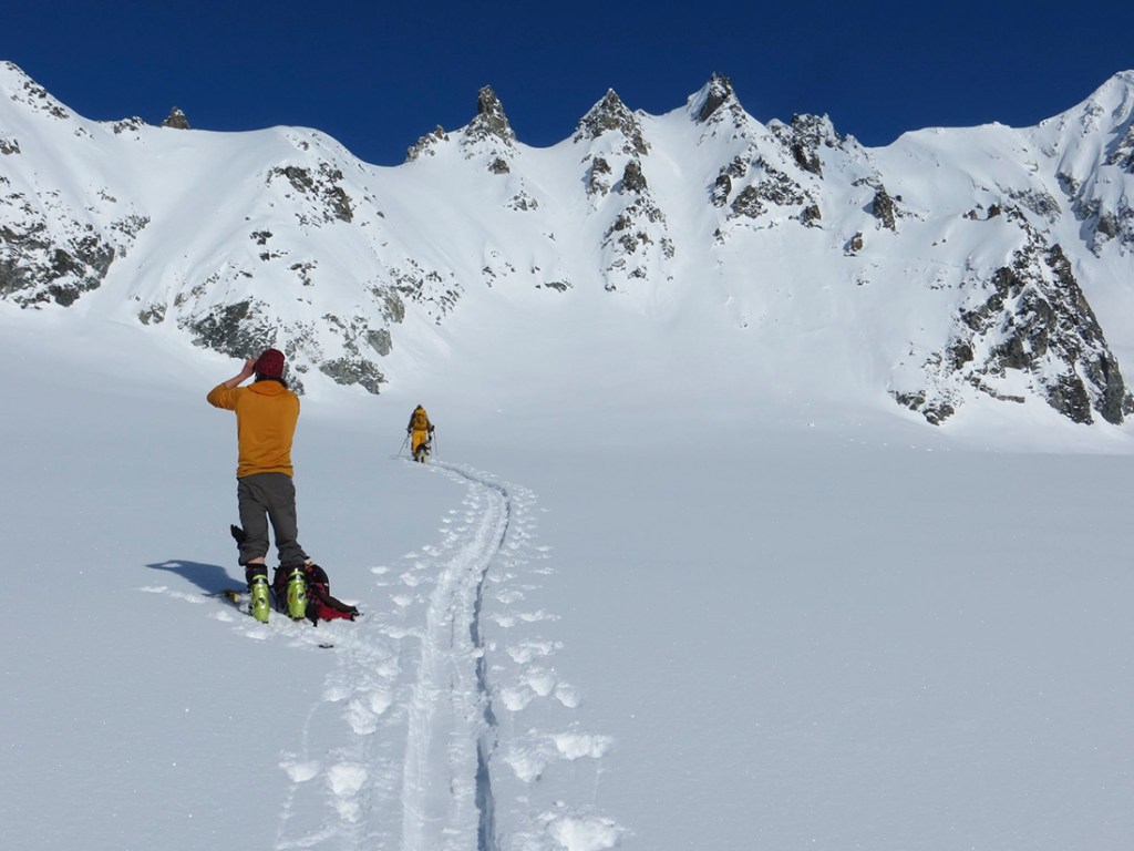 Skiers tour in the Alaskan backcountry.