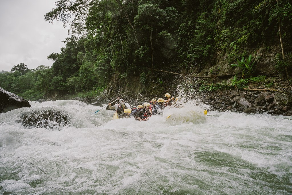 An REI Adventures rafting group plows through a standing wave.