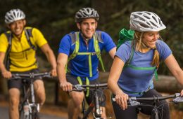 Cyclists pedal to an overlook in the San Juan Islands.