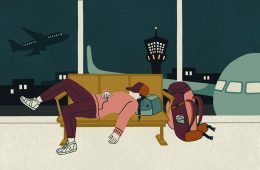 A cartoon traveler catches a nap in an airport terminal.