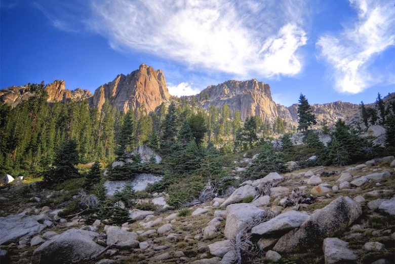 The early light of morning illuminates Sequoia National Park's jagged, granite peaks.