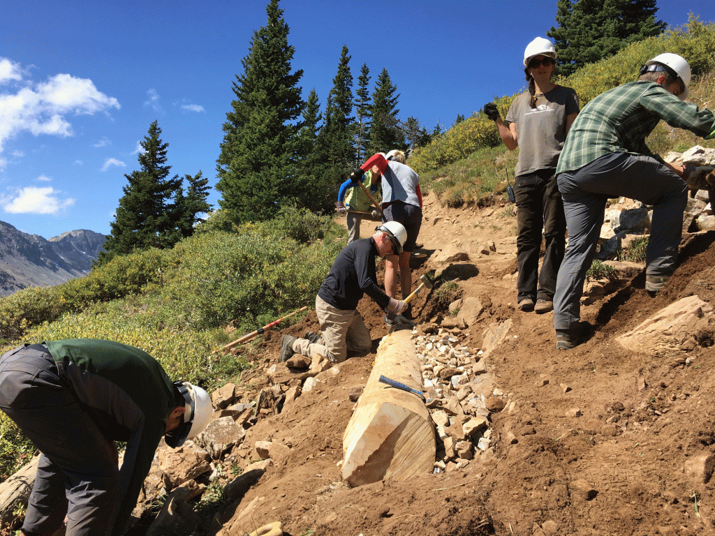 Volunteers crouch under a blazing sun with mallets and hammers as they build a rock wall to prevent erosion. Blue skies and tall evergreen trees can be seen in the distance.