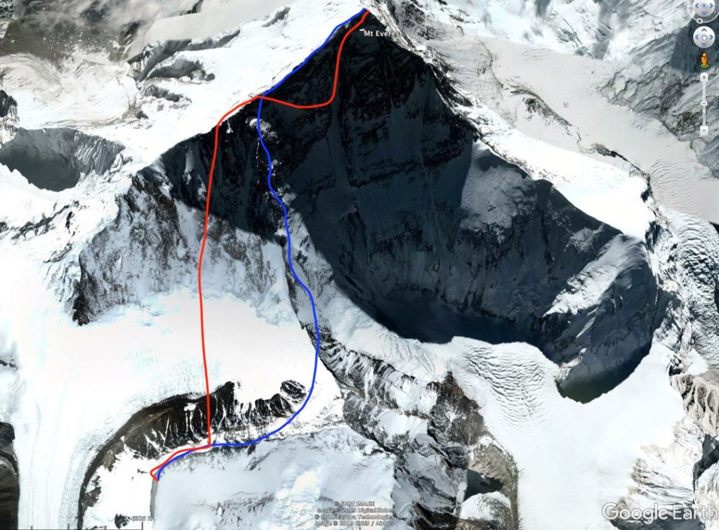 An overhead image of Mount Everest shows a blue line for the Northeast Ridge route, and a red line for the intended new route, more directly up the face of the peak.