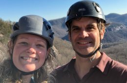 The author and her fiancé snap a selfie in their at the top of the climbing route Dinkus Dog, before a life-altering accident occurred during their descent.