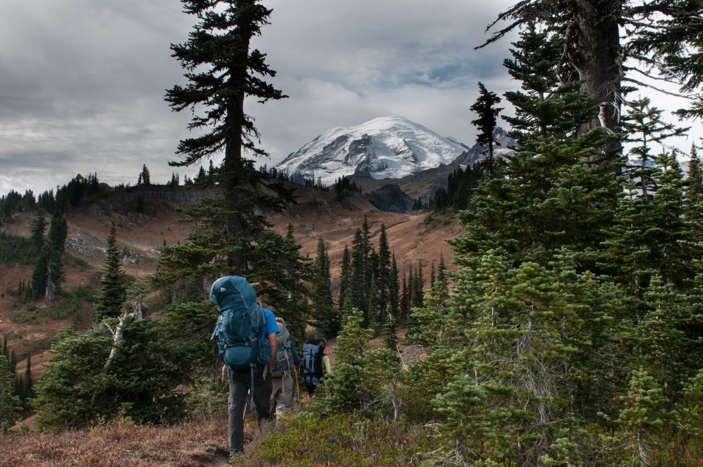 Backpackers hike along the Wonderland Trail.