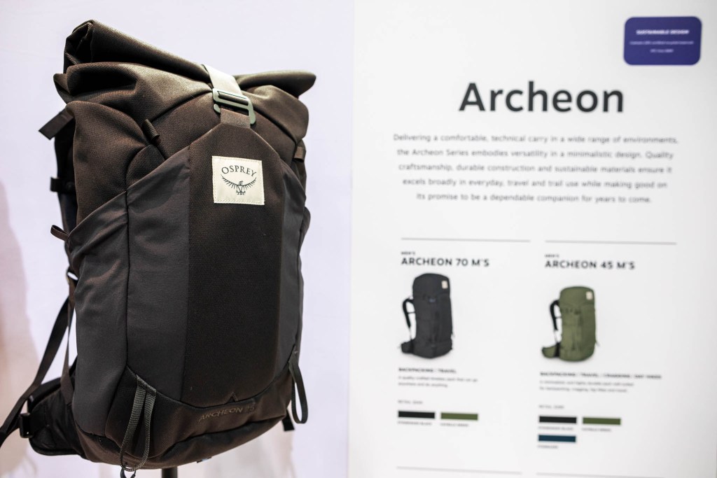 A backpack from Osprey sits on display at the Outdoor Retailer trade show.