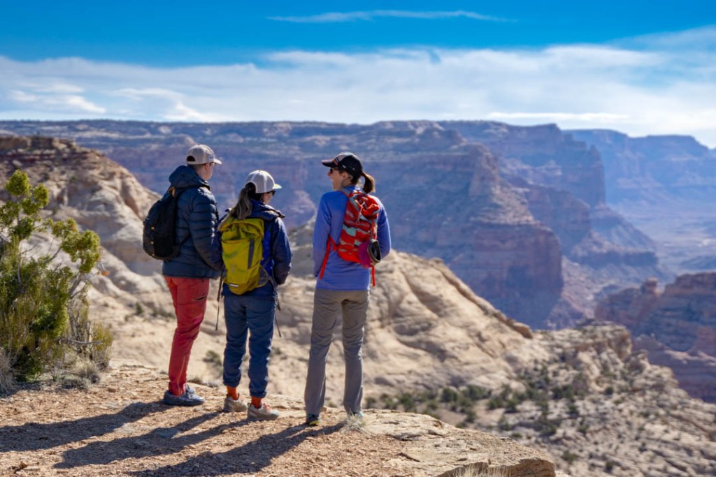 Three people look over a canyon.