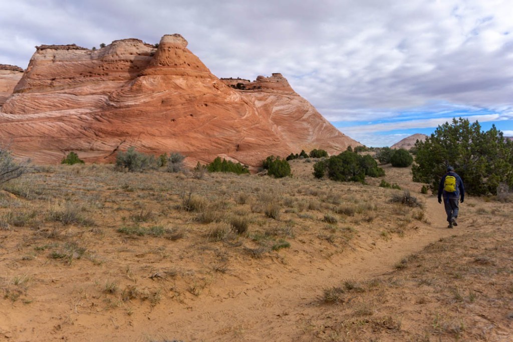 A backpacker walks a trodden trail toward red mountains.