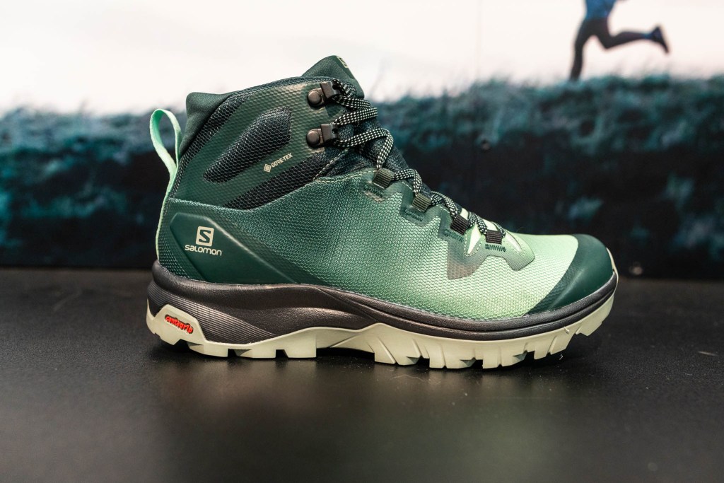 A new lightweight hiking boot from Salomon sits on a table at the Outdoor Retailer show,