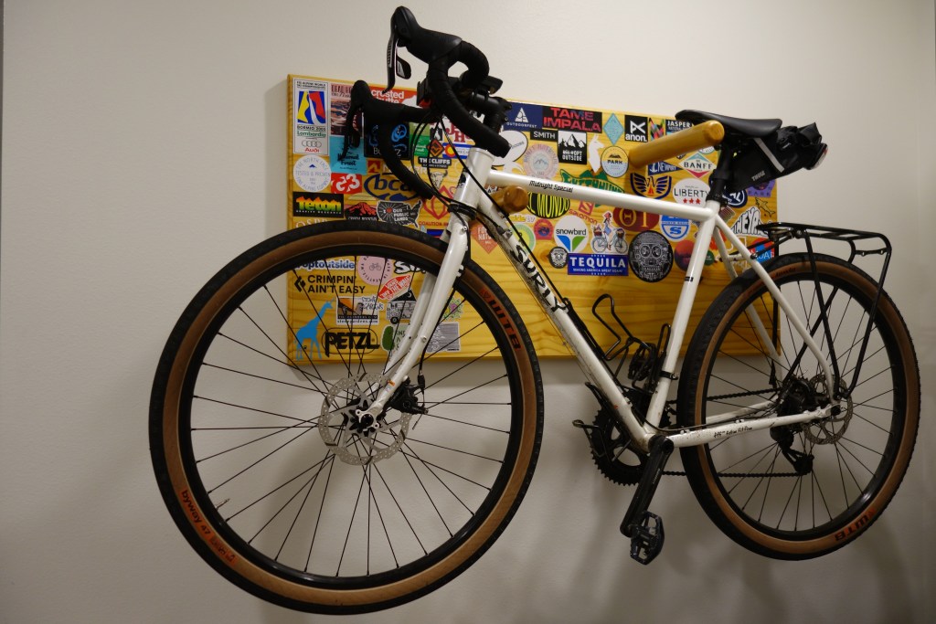 Homemade wall-mounted bike rack.