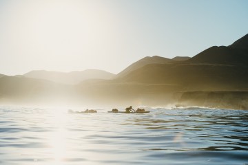 Two men paddling on stand up paddleboards with the sun setting behind them.