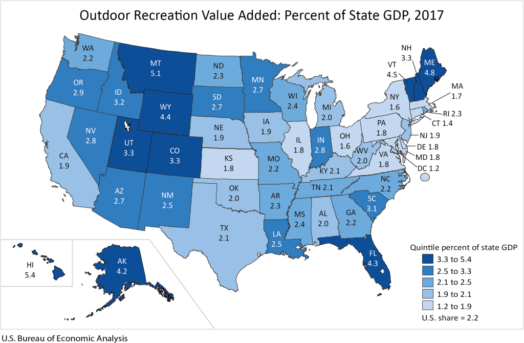 A map showing the economic contributions of the outdoor industry for each state
