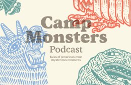 Illustrated drawings of camp monsters with text overlay that says Camp Monsters Podcast.