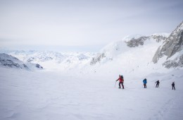 Sons of previous Mt Kennedy climbers trekking up the mountain