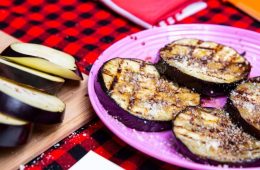 Fire roasted eggplant, plated and ready to serve