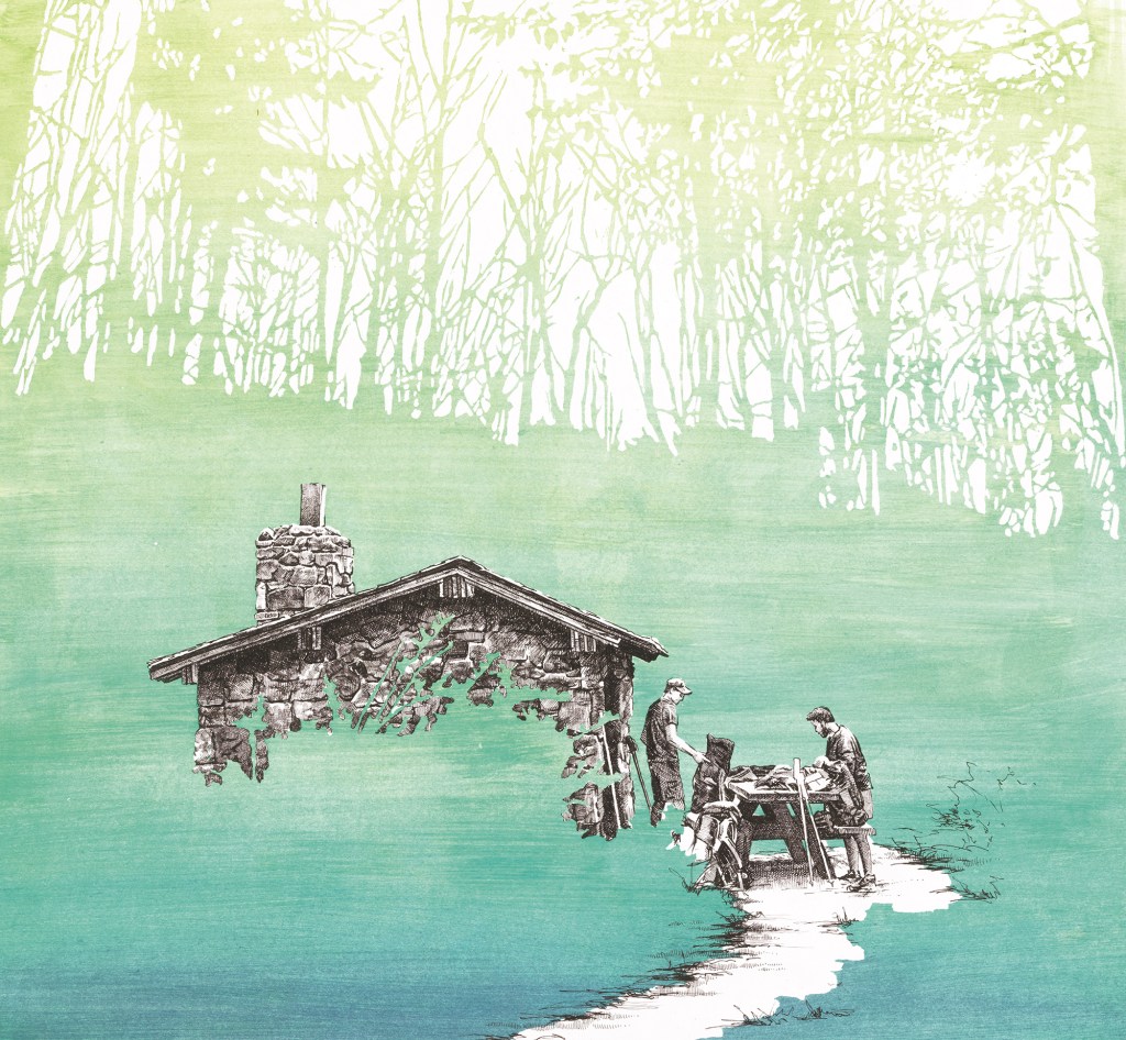 Illustration of a shelter with thru-hikers sitting around a picnic table.